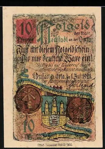 Notgeld Neustadt an der Orla, 1921, 10 Pfennig, Burg und Gebäudeillustration