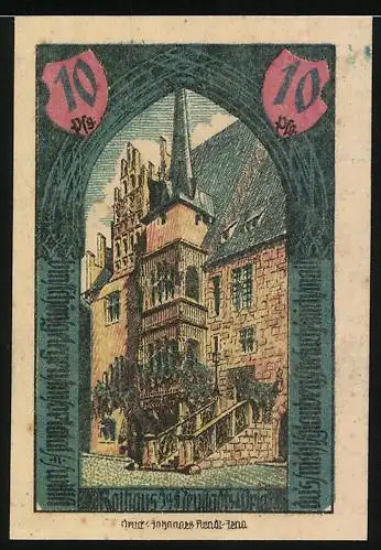 Notgeld Neustadt an der Orla, 1921, 10 Pfennig, Burg und Gebäudeillustration