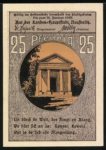 Notgeld Neustrelitz, 25 Pfennig, Reutergeld mit Gebäuden und Text, gültig bis Januar 1922