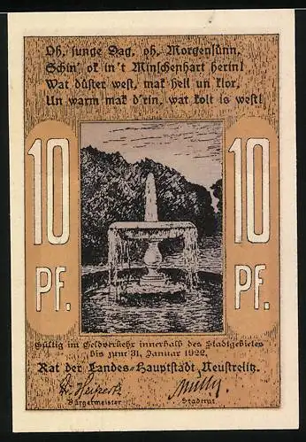 Notgeld Neustrelitz, 10 Pfennig, Reutergeld mit antikem Gebäude und Brunnen, gültig bis 31. Januar 1922