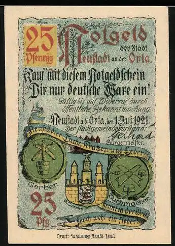 Notgeld Neustadt an der Orla, 1921, 25 Pfennig, Rathausabbildung und Stadtsiegel auf der Rückseite
