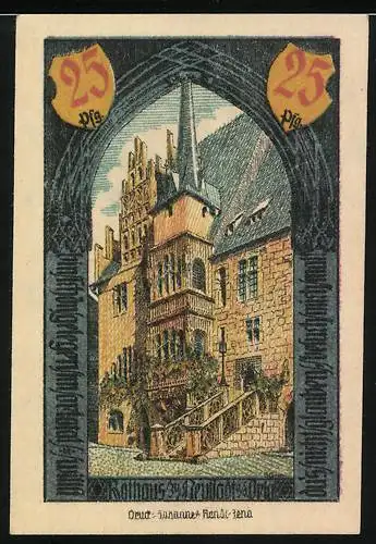 Notgeld Neustadt an der Orla, 1921, 25 Pfennig, Rathausabbildung und Stadtsiegel auf der Rückseite