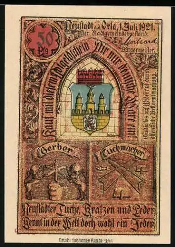 Notgeld Neustadt, 1921, 50 Pfennig, Gerber und Tuchmacher Zunftzeichen, Rathaus zu Neustadt an der Orla