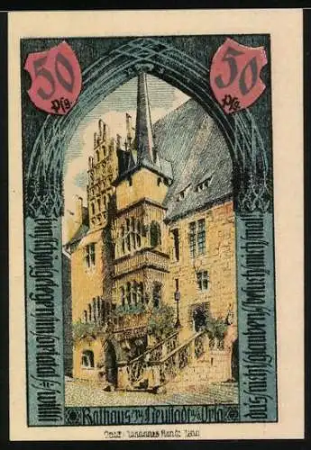 Notgeld Neustadt, 1921, 50 Pfennig, Gerber und Tuchmacher Zunftzeichen, Rathaus zu Neustadt an der Orla