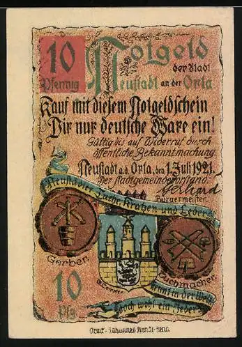 Notgeld Neustadt an der Orla, 1921, 10 Pfennig, Rathaus und Stadtwappen, deutsche Ware