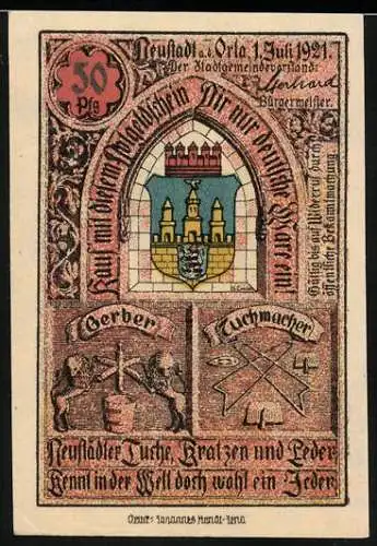 Notgeld Neustadt a. Orla 1921, 50 Pfennig, farbiges Wappen und Zunftzeichen, Rathaus-Abbildung