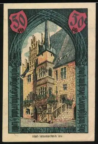 Notgeld Neustadt a. Orla 1921, 50 Pfennig, farbiges Wappen und Zunftzeichen, Rathaus-Abbildung