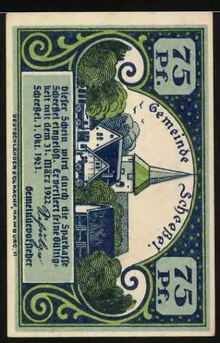 Notgeld Scheessel, 1921, 75 Pf, Trachtenfrau und Gebäude, Gemeinde Scheessel