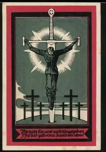 Notgeld Hamburg, 1921, 50 Mark, Soldat an einem Schwert gekreuzigt, Kriegsgräber und Hafenansicht