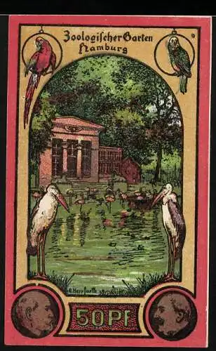 Notgeld Hamburg, 1922, 50 Pf, Zoologischer Garten mit Vögeln und Störchen, Zitronenjette auf Rückseite