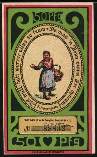 Notgeld Hamburg, 1922, 50 Pf, Zoologischer Garten mit Vögeln und Störchen, Zitronenjette auf Rückseite