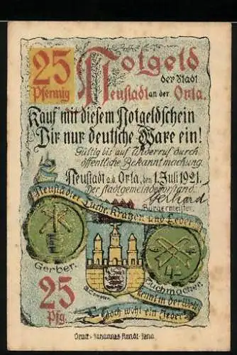 Notgeld Neustadt an der Orla, 1921, 25 Pfennig, Rathaus und Stadtwappen