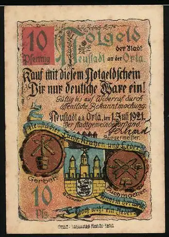 Notgeld Neustadt an der Orla, 1921, 10 Pfennig, Stadtwappen und Rathausabbildung