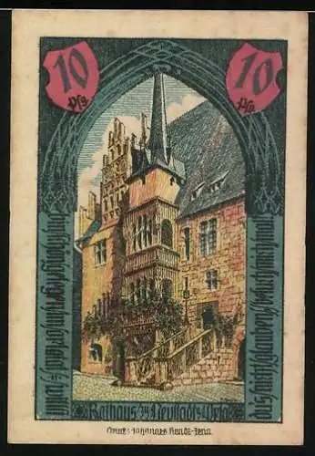 Notgeld Neustadt an der Orla, 1921, 10 Pfennig, Stadtwappen und Rathausabbildung