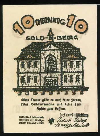 Notgeld Goldberg, 1922, 10 Pfennig, Gebäude und Spruch, gültig bis 31. Mai 1922