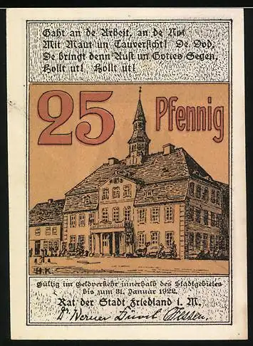 Notgeld Friedland i. M., 1922, 25 Pfennig, Reutergeld mit historischer Architektur