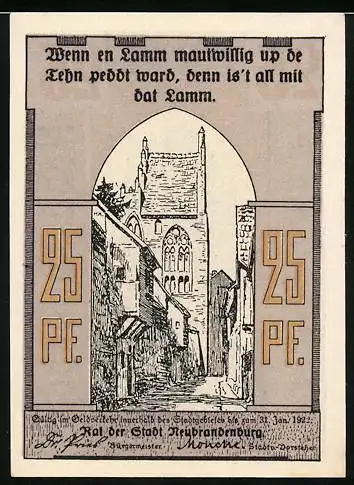 Notgeld Neubrandenburg, 1922, 25 Pfennig, historische Gebäude und plattdeutscher Spruch