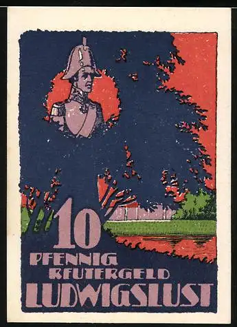 Notgeld Ludwigslust, 1922, 10 Pfennig, Reutergeld mit Reitermotiv und Büste