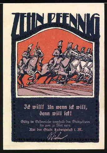 Notgeld Ludwigslust, 1922, 10 Pfennig, Reutergeld mit Reitermotiv und Büste