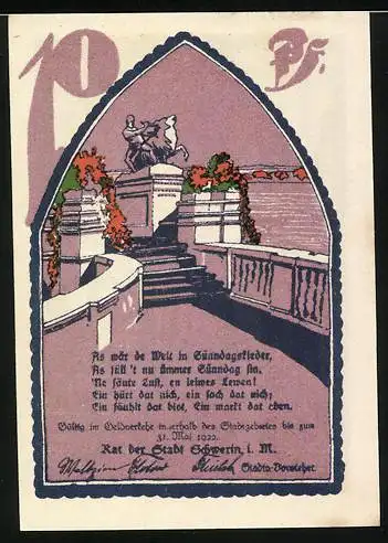 Notgeld Schwerin, 1922, 10 Pfennig, Reutergeld der Landeshauptstadt Schwerin mit Stadtmotiv und Reuter-Zitat