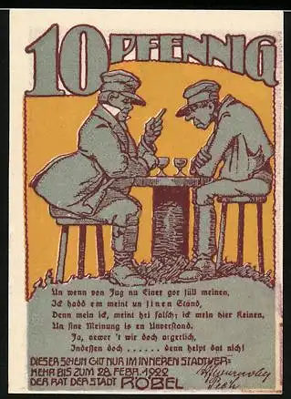 Notgeld Röbel, 1922, 10 Pfennig, zwei Männer am Tisch und Mann spielt Flöte mit Eulen auf Baum