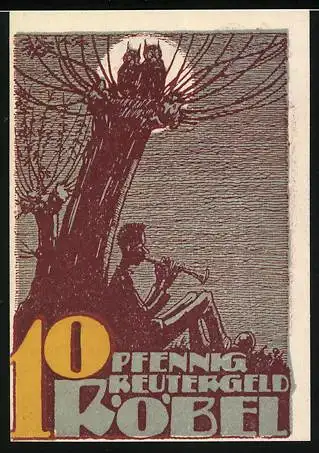 Notgeld Röbel, 1922, 10 Pfennig, zwei Männer am Tisch und Mann spielt Flöte mit Eulen auf Baum