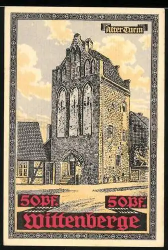 Notgeld Wittenberge, 1920, 50 Pf, Alter Turm Motiv und Stadtwappen