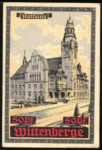 Notgeld Wittenberge, 50 Pf, Rathaus und Stadtwappen mit Erklärungstext