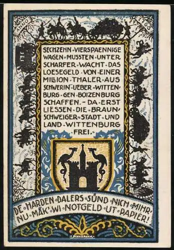 Notgeld Wittenburg 1922, 99 Pfennig, Darstellung des Steintors und einer historischen Erzählung