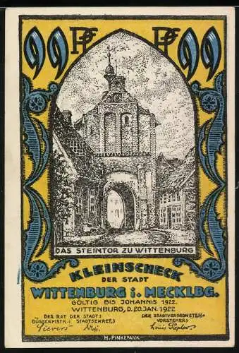 Notgeld Wittenburg 1922, 99 Pfennig, Darstellung des Steintors und einer historischen Erzählung