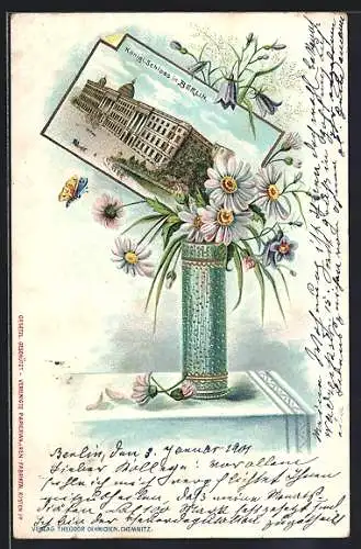 Lithographie Berlin, Börse und Friedrichsbrücke, AK in Blumenvase, Burgstrasse