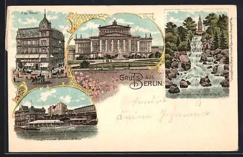 Lithographie Berlin, Café Bauer, Dampferstation Jannowitzbrücke, Kgl. Schauspielhaus