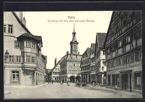 AK Aalen, Gasthaus u. Metzgerei zum Schwanen, Marktplatz mit altem und neuem Rathaus