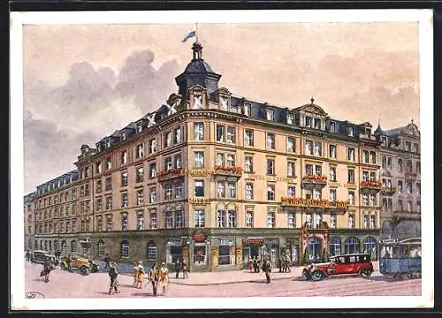 Künstler-AK München, Hotel Europäischer Hof mit Strassenbahn