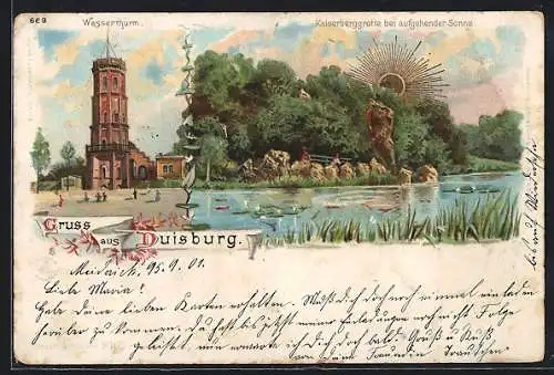 Sonnenschein-Lithographie Duisburg, Kaiserberggrotte im Sonnenschein mit Wasserthurm