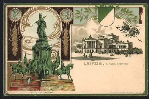 Passepartout-Lithographie Leipzig, Neues Theater und Siegesdenkmal, Golddruck