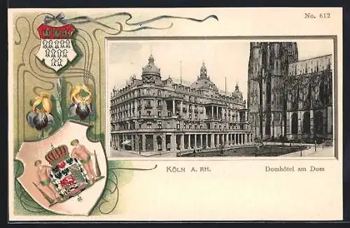 Passepartout-Lithographie Köln a. Rh., Domhotel am Dom, Wappen und Lilien