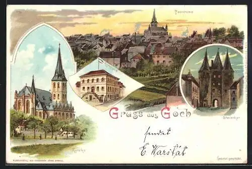 Lithographie Goch, Steinthor, Rathaus, Kirche