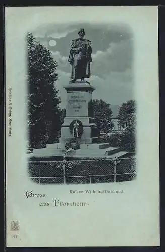 Mondschein-AK Pforzheim, Kaiser Wilhelm-Denkmal mit Kränzen