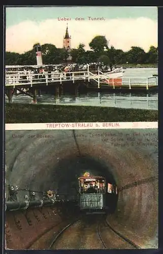 AK Berlin-Friedrichshain, Stralau, Elektr. Tunnelbahn unter der Spree, Ueber dem Tunnel