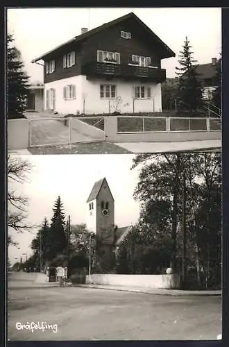 AK Gräfelfing, Strassenpartie mit Kirche, Wohnhaus mit Garten