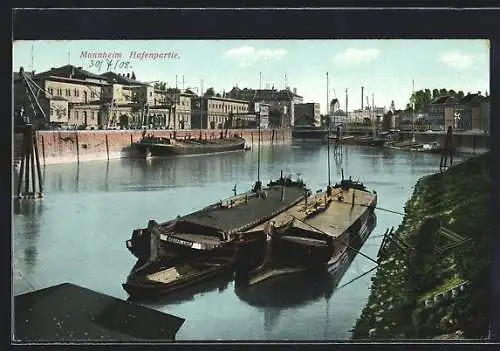 AK Mannheim, Hafenpartie mit Stadtblick