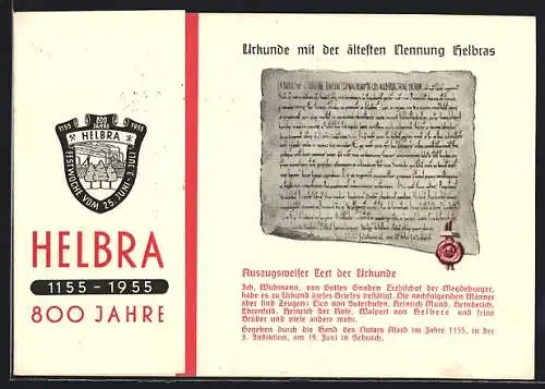 Künstler-AK Helbra, 800 Jahre Helbra 1155-1955, Urkunde mit der ältesten Nennung Helbras, Wappen