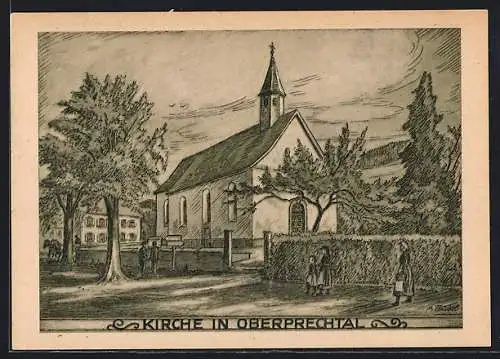 Künstler-AK Oberprechtal, Partie an der Kirche