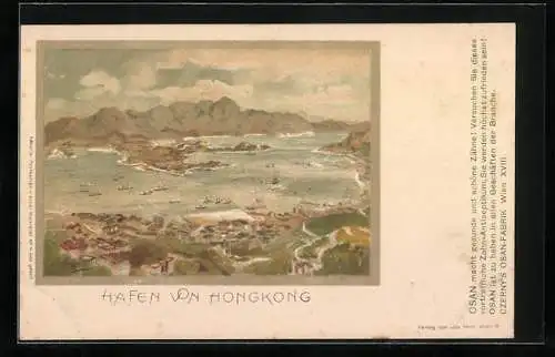 Lithographie Hongkong, Blick auf den Hafen