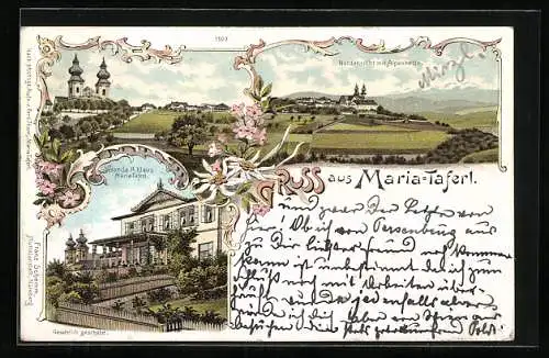 Lithographie Maria-Taferl, Nordansicht mit Alpenkette, Veranda A. Klaus, Blumen