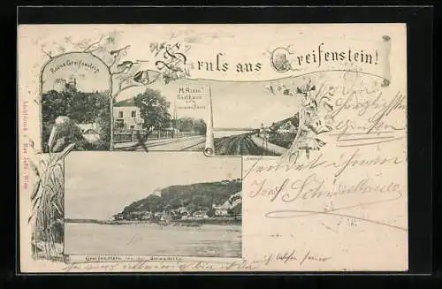 AK Greifenstein /Donau, Ruine Greifenstein, M. Riess` Gasthaus zum schwarzen Bären, Ansicht von der Donauseite, Kapelle