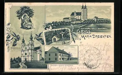 Lithographie Maria Dreieichen, Gasthof v. Josefa Schmöger, Wallfahrts-Kirche, Bründl