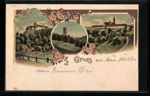 Lithographie Altenburg, Blick auf das Stift, Rosenburg, Ruine Schauenstein