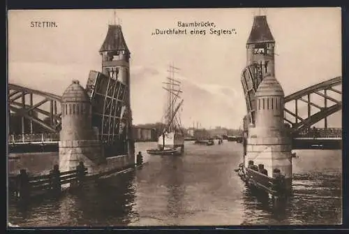 AK Stettin, Baumbrücke, Durchfahrt eines Segelschiffes